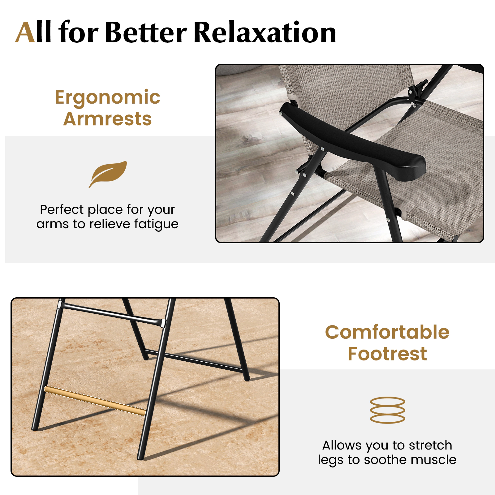 SUGIFT Coffee Metal Frame Armrests and Footrest Set of 4 Patio Folding Bar Stool