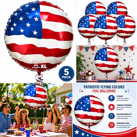 LoonBalloon Patriotic Flying Colors Foil Balloons, 5 Pack, Color ...