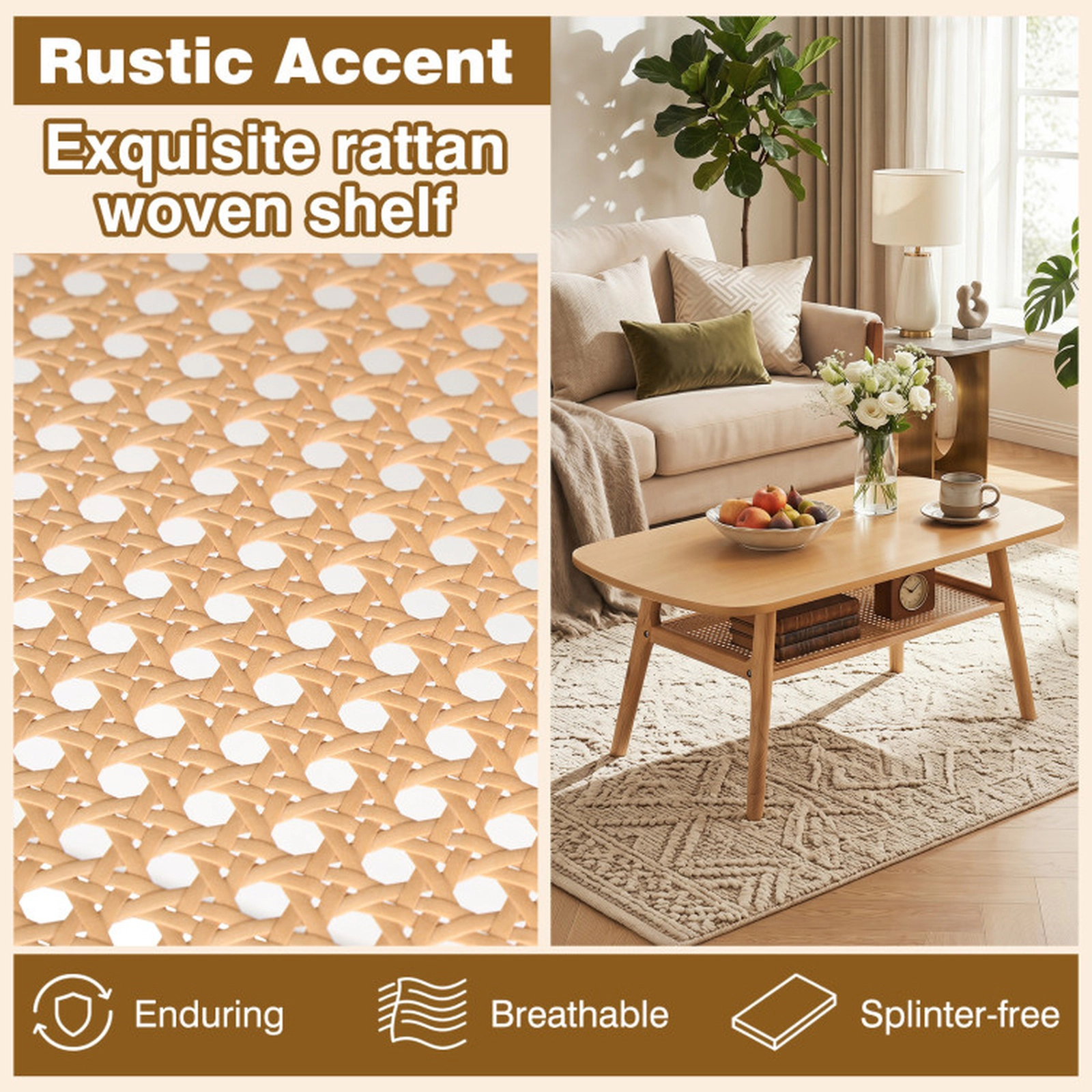 SUGIFT 39.5-in 175-lb Capacity Natural Wood Veneer Boho Rattan Coffee Table with Rounded Corners and Edges