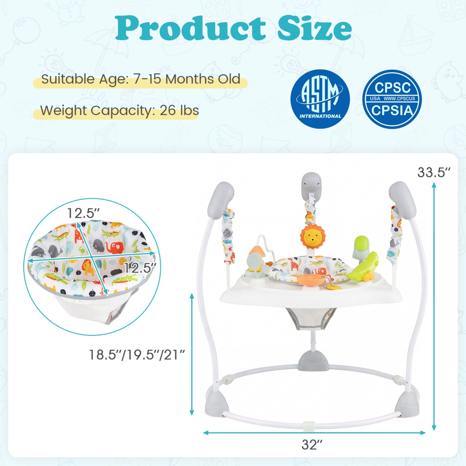 SUGIFT Baby Jump and Play Activity Center Rotatable Seat 4 Play Stations 26.5-lb Capacity Ages 7-15 Months Blue/White