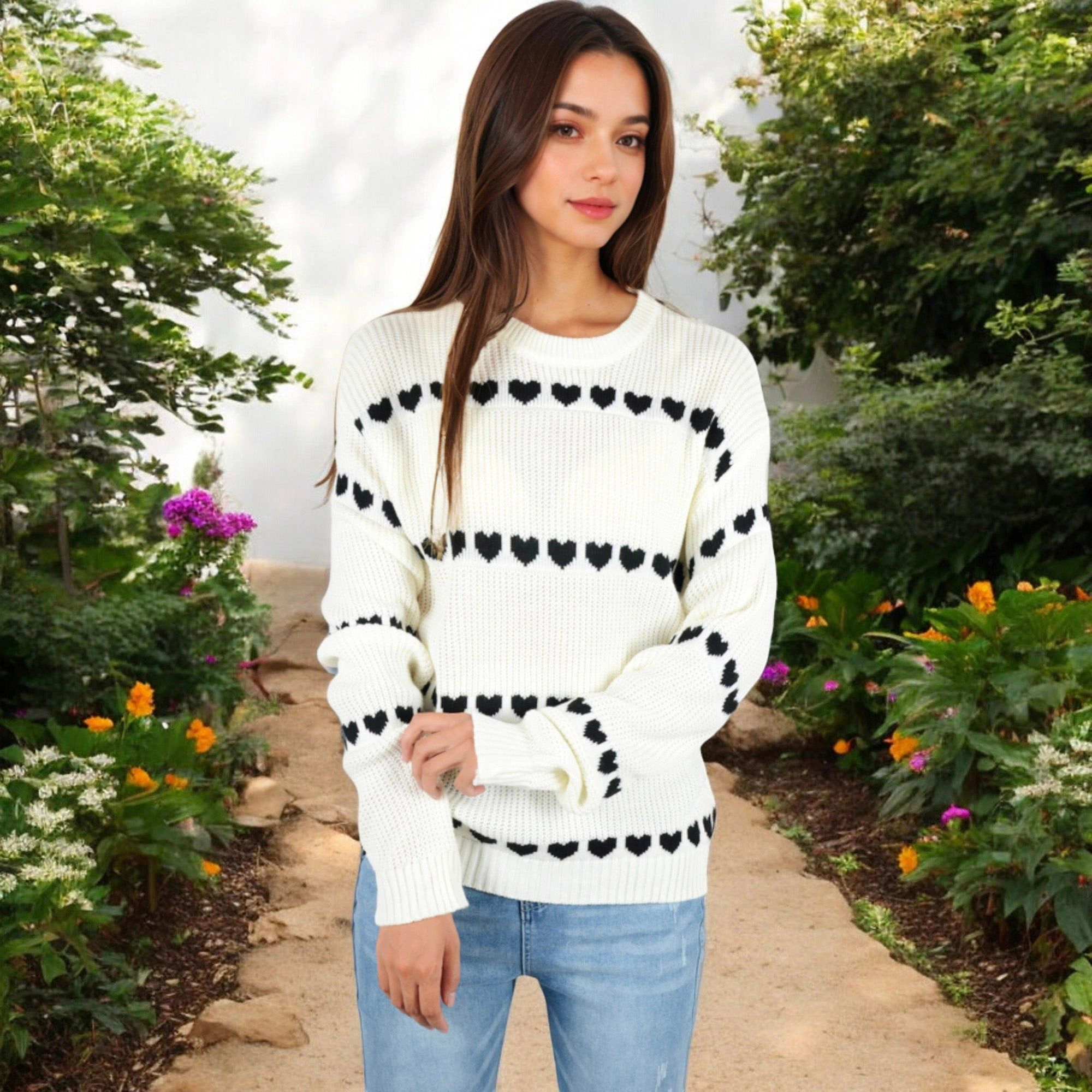 Anna-Kaci Women's Long Sleeve Knit Valentine Sweater with Heart Pattern and Crew Neck
