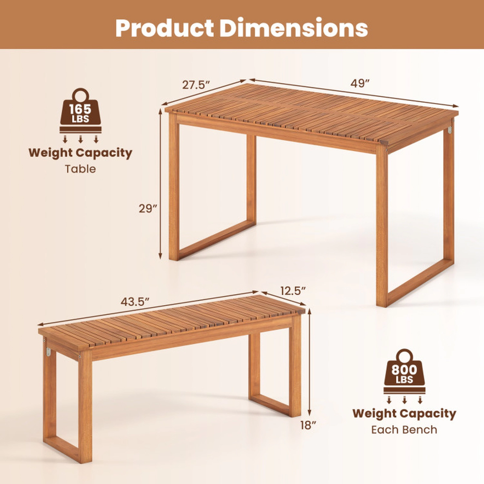 SUGIFT 43.5-in Natural Acacia Wood Backless Bench, 800-lb Capacity