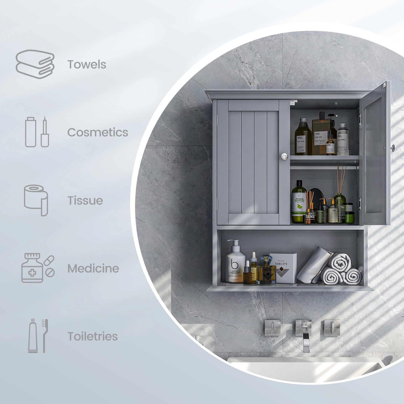 Slickblue Wall Mounted Bathroom Storage Cabinet with Adjustable Shelf and Open Storage