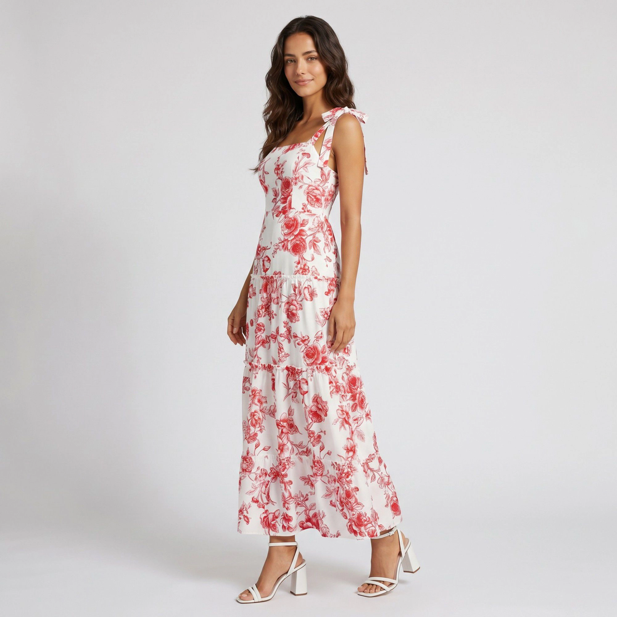 Anna-Kaci Women's Floral Print Tie Shoulder Smocked Bodice Tiered Square Neck A-Line Maxi Dress