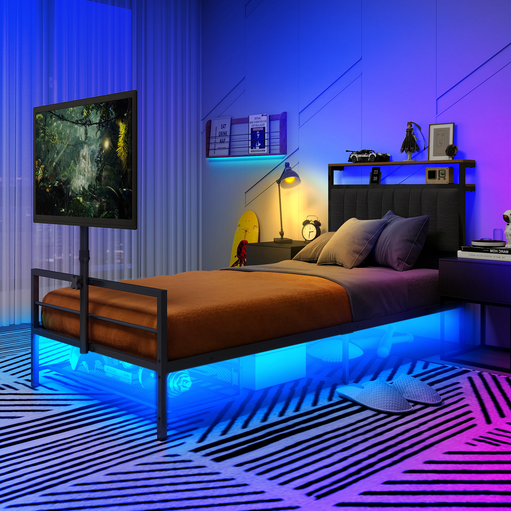 Flynama Twin Gaming Bed with Rotating TV Mount for 65" TVs, LED & Power Board