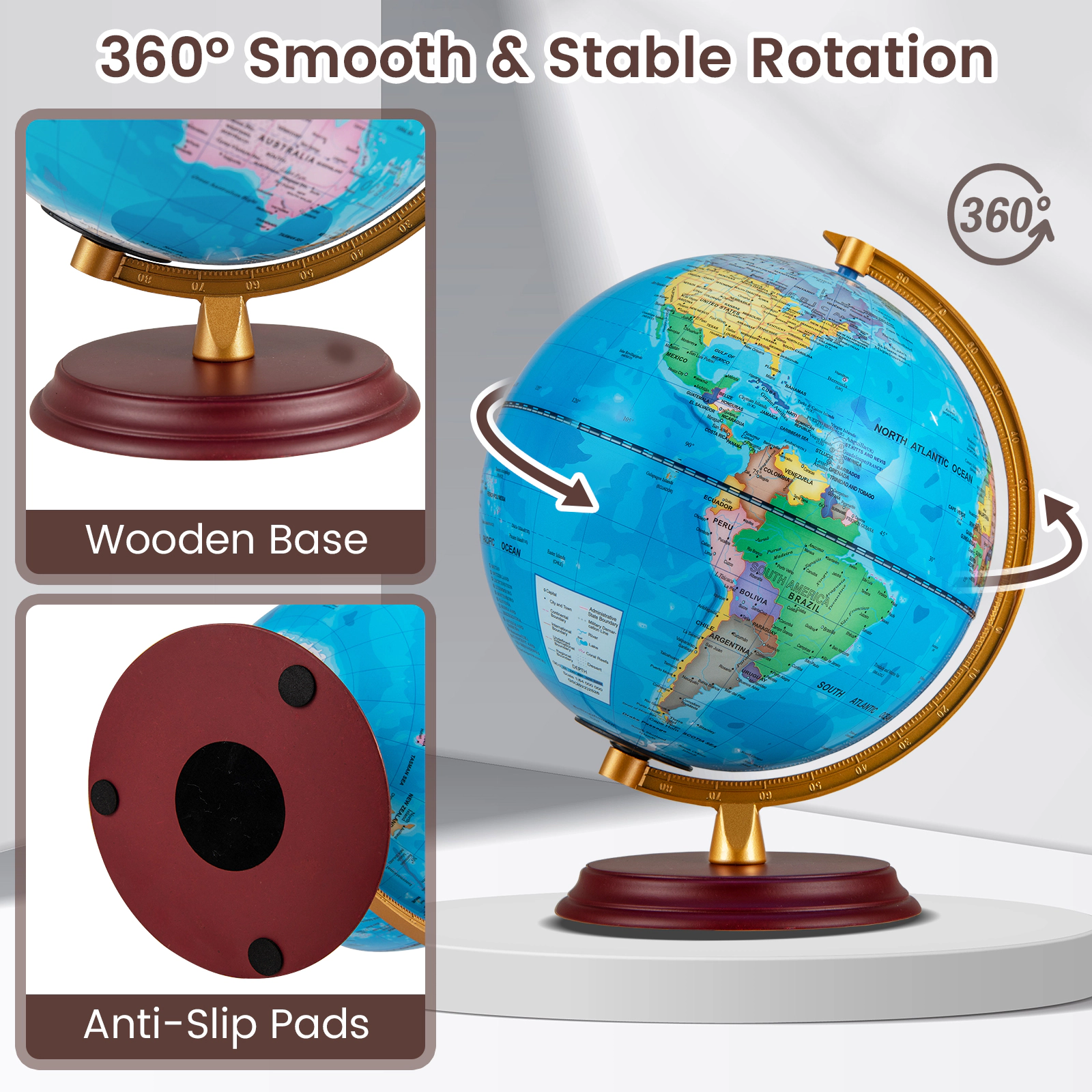SUGIFT Kids LED Illuminated HD Map Wooden Base Night Light World Globe 8-in Diameter 8.5-in x 8.5-in x 10.5-in Blue