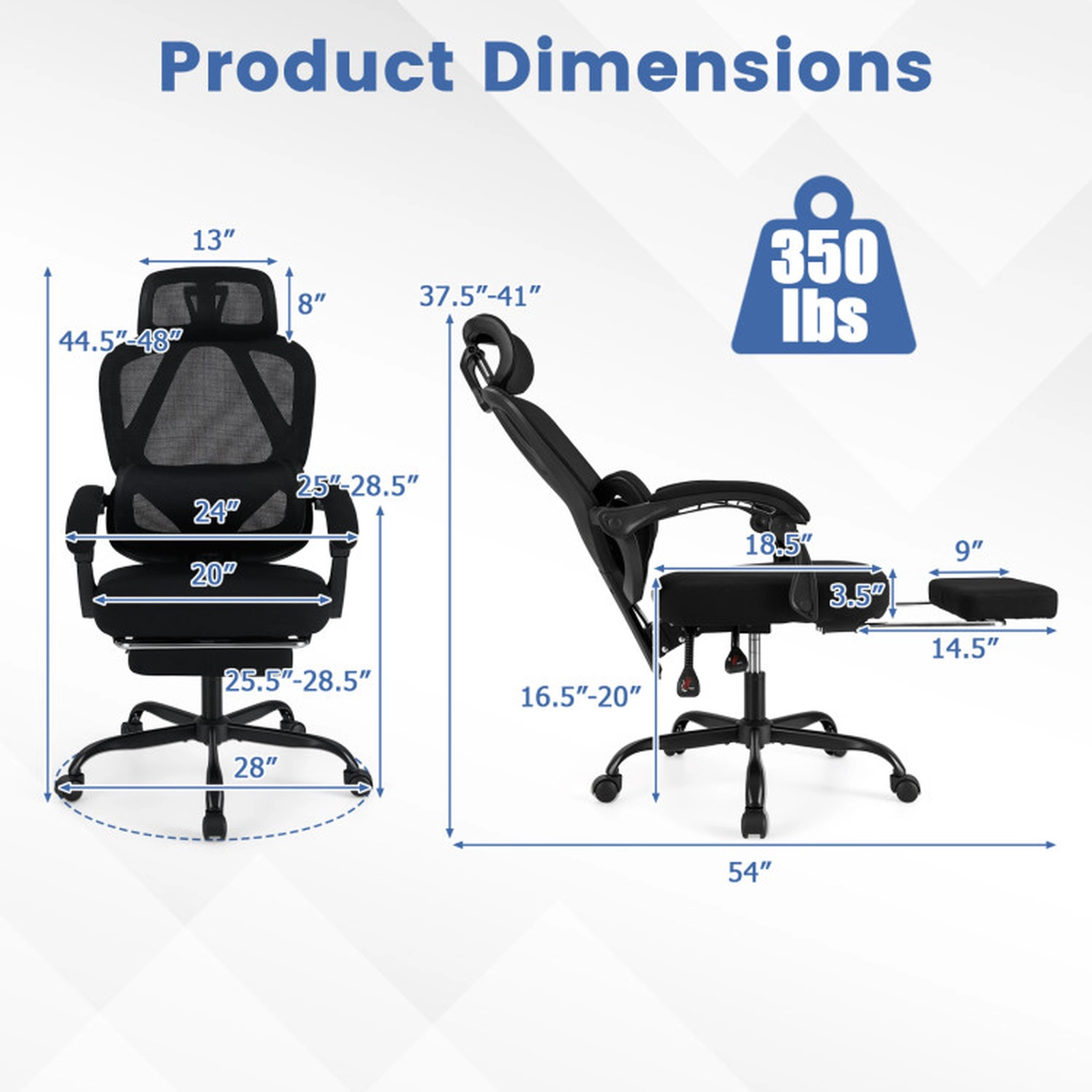 SUGIFT High Back Retractable Footrest Adjustable Lumbar Mesh Office Chair 27.5-in x 27.5-in x 44.5-in 350-lb Black