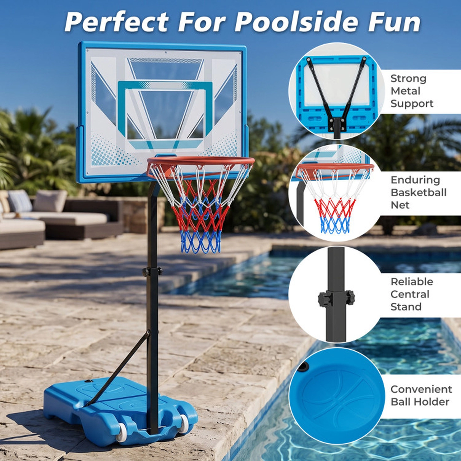 SUGIFT 3-Level Pool Basketball Hoop with Oversized 32.5-in Backboard and Weighted Base Blue + Black + White + Red