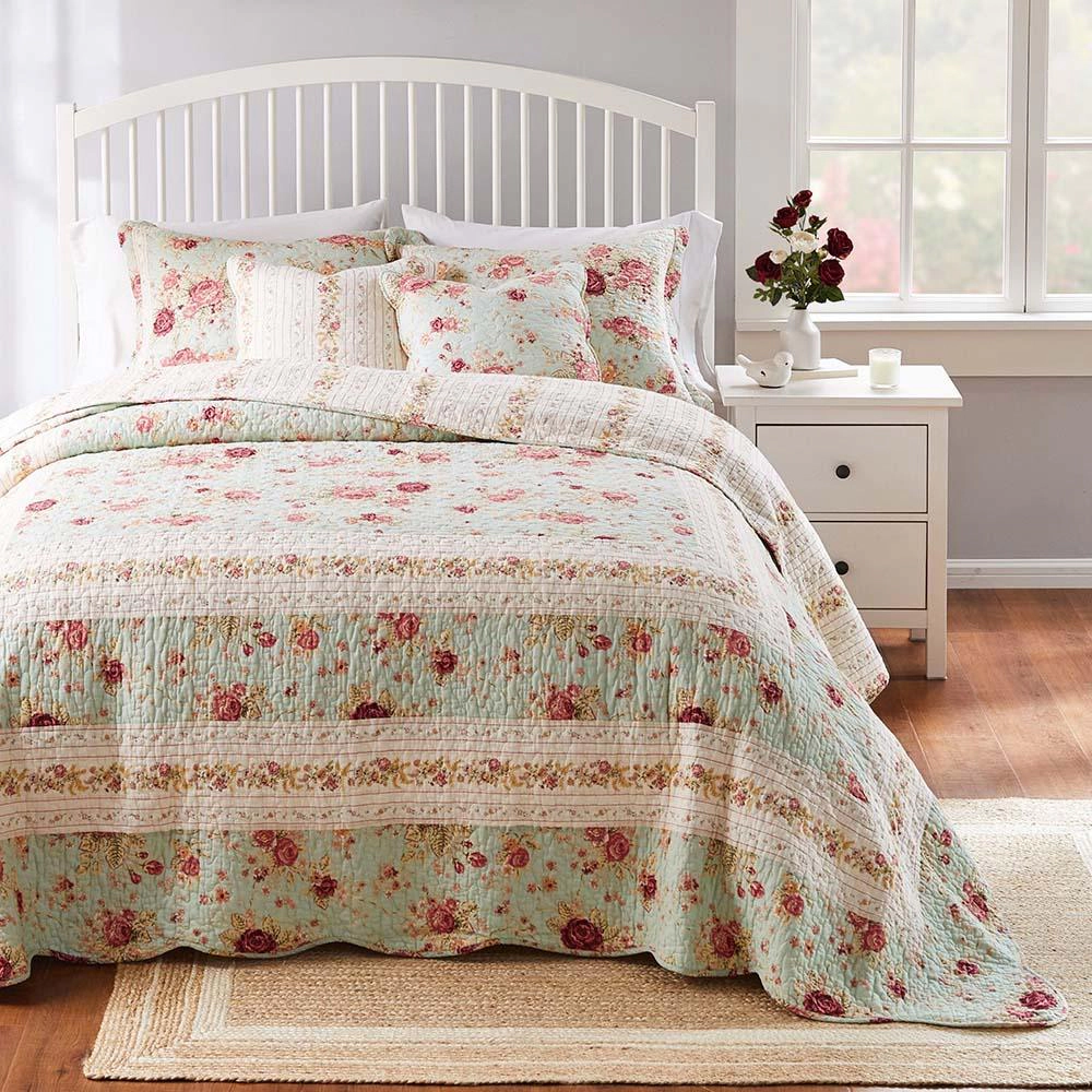 Greenland Home Antique Bright Florals and Whimsical Songbirds Bedspread Set 3 Piece