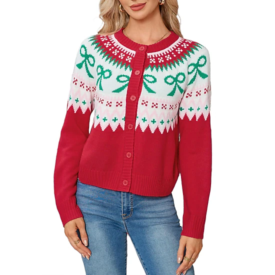 YesFashion Women's Christmas Cardigans Crew Neck Button Down Long Sleeve Party Ugly Holiday Sweaters