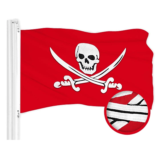 G128 Pirate Jolly Roger Swords Red Flag - 16x24 In - Embroidered