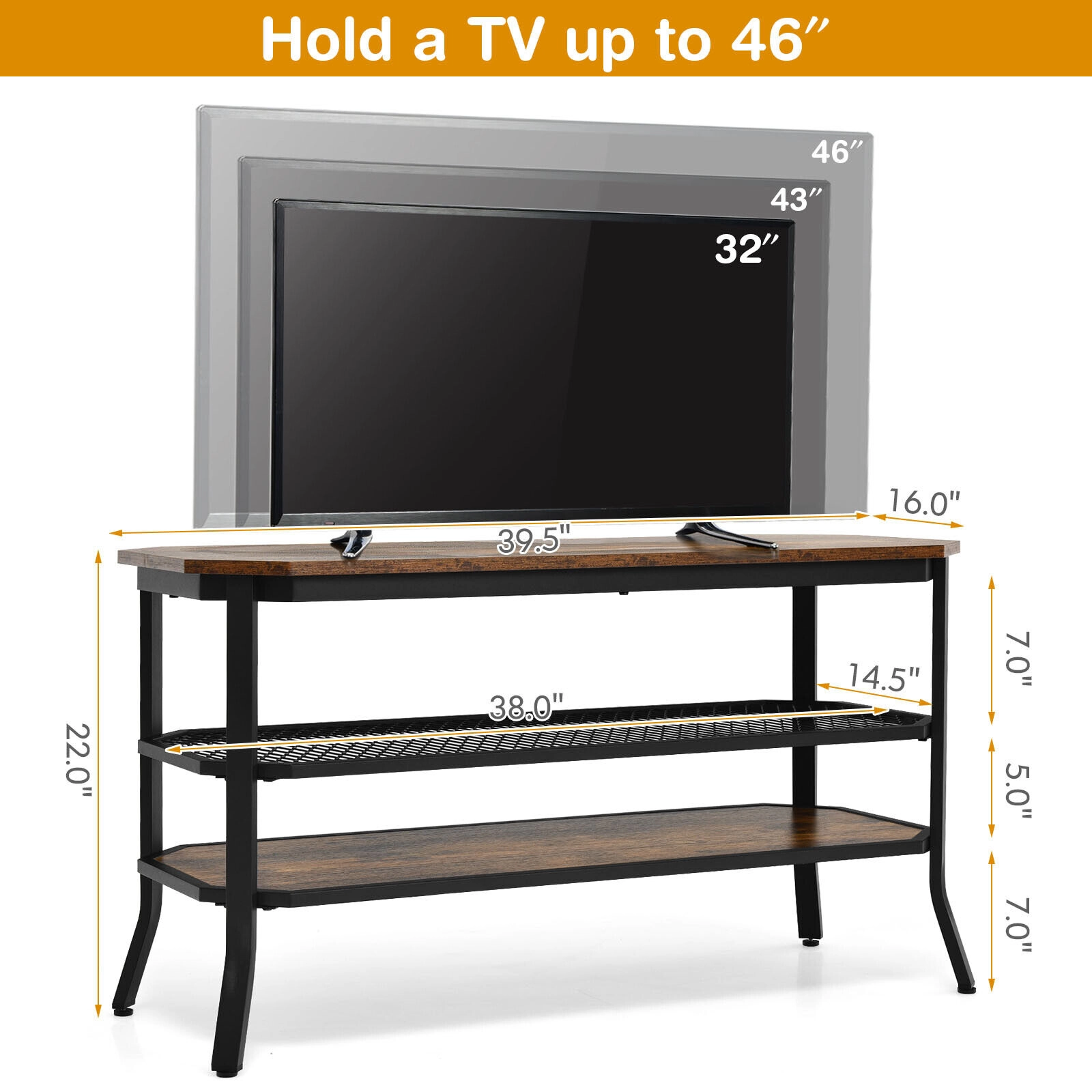 SUGIFT 39.5 in TV Stand Rustic Brown 3-Tier Console Table with Mesh Storage Shelves