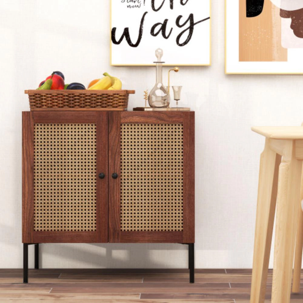 Hivvago Kitchen Sideboard With 2 Rattan Doors And Adjustable Shelf