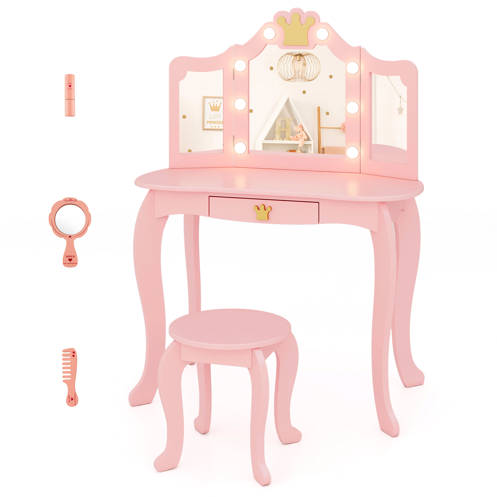 SUGIFT Pink Kids Vanity Set with Tri-Fold LED Mirror, Stool and Detachable Desk