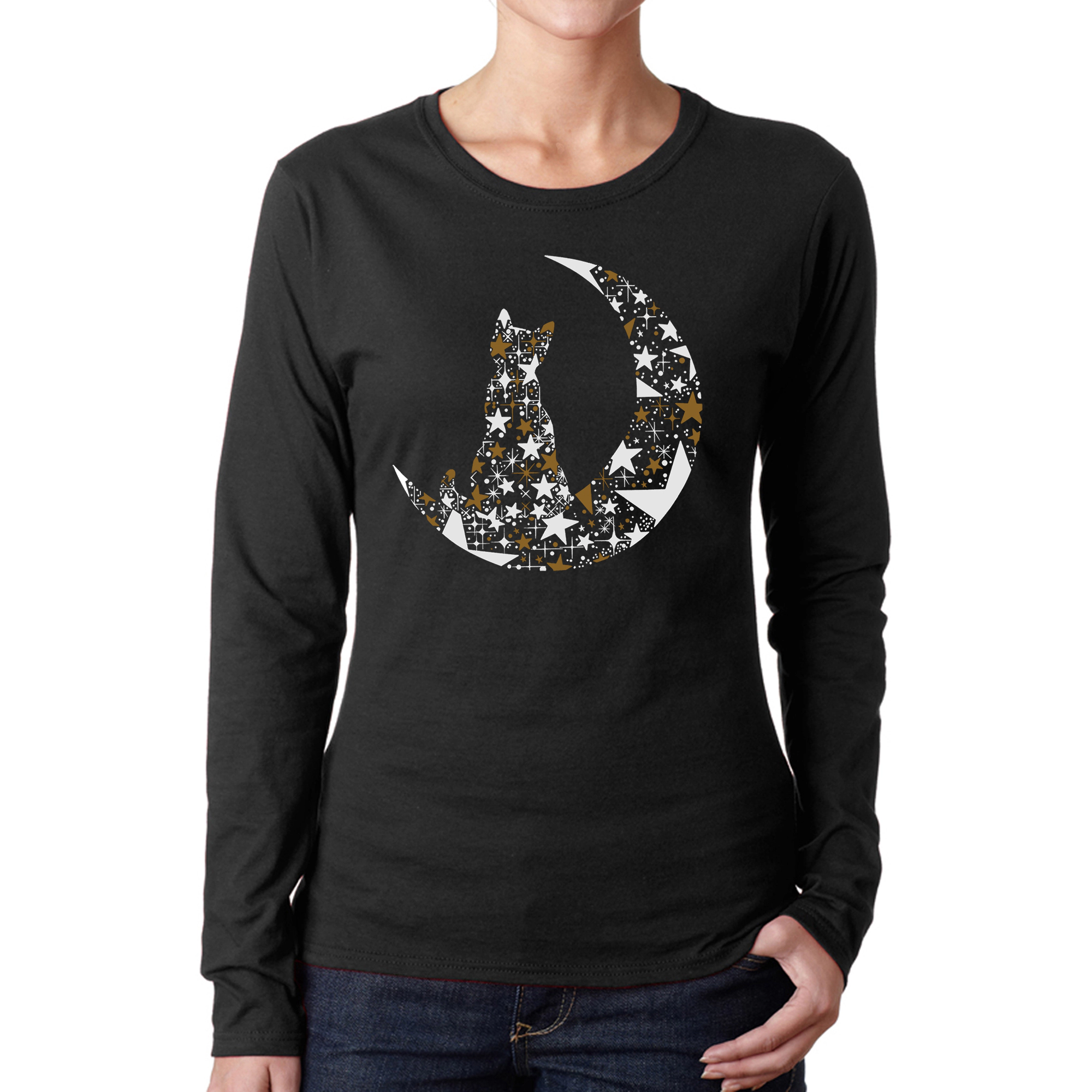 LA Pop Art Women's Word Long Sleeve T-Shirt - Cat Sitting On Moon