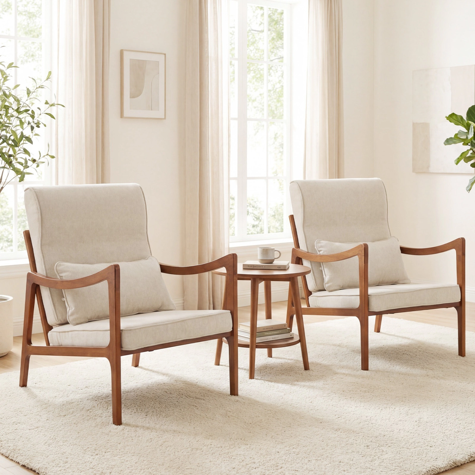 SUGIFT High-Back Accent Armchair, White Faux Leather and Linen, Neck Pillow, Removable Lumbar Cushion