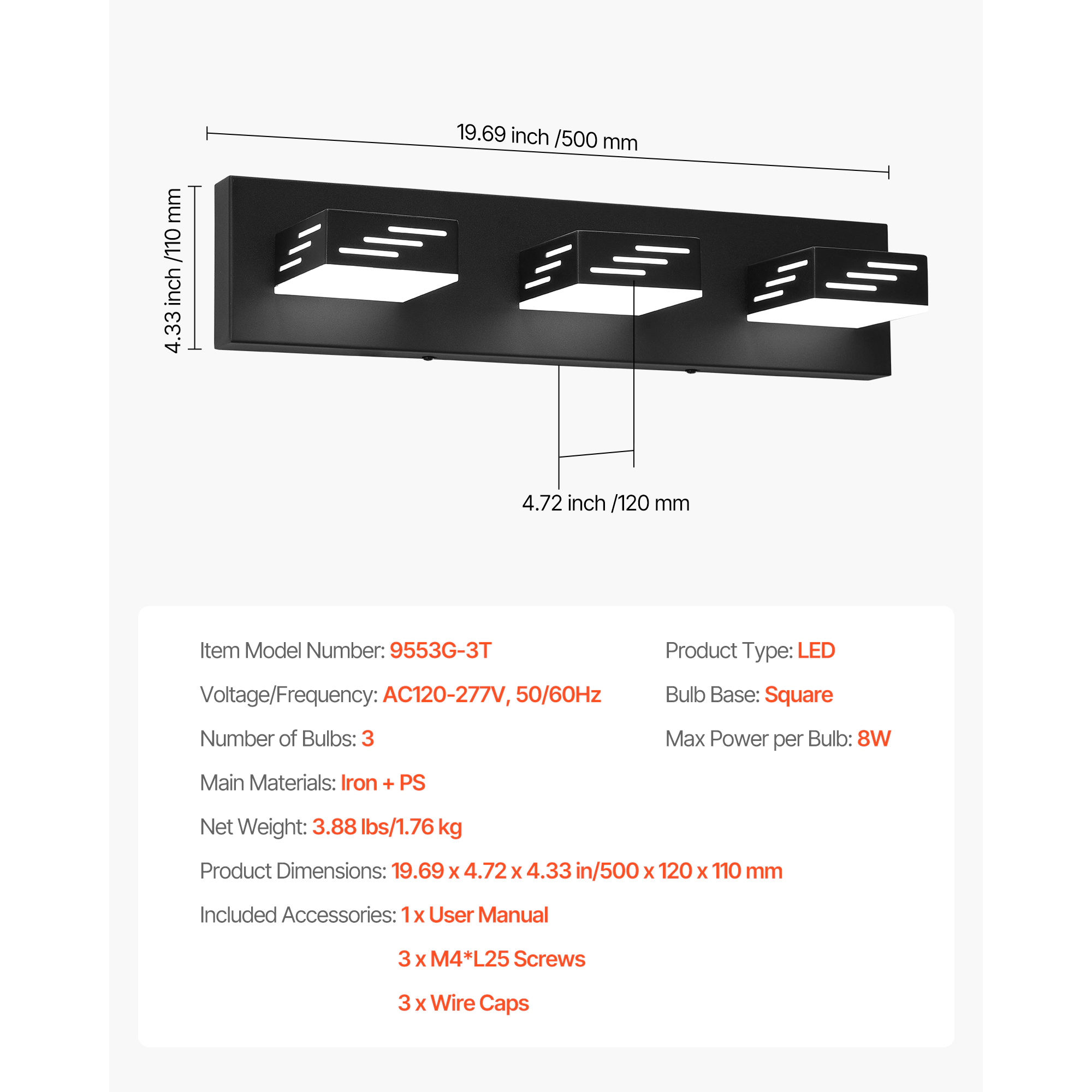 HONGGE LED Modern Vanity Light Fixture Over Mirror, with IP44 Waterproof, 6000K, Wall Lighting for Bathroom, Living Room