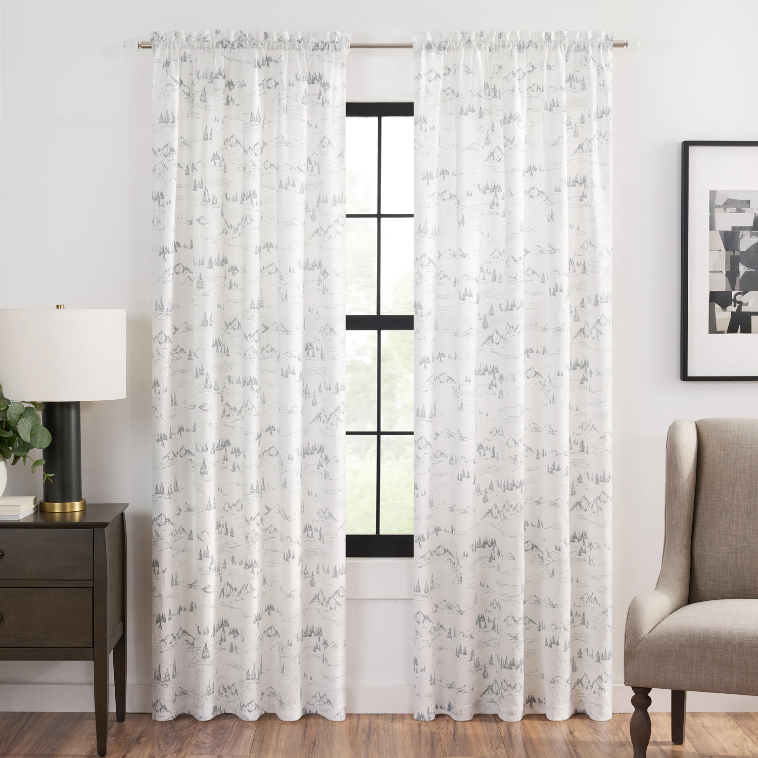 Ellis Curtain Mountain Vista 100% Polyester Tailored Rod Pocket Curtain Panels 48" x 63" Grey