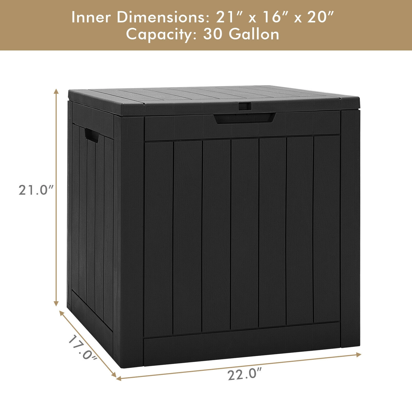 SUGIFT 30-Gallon Wood Grain PP Resin Lift-Top Outdoor Patio Deck Storage Box 22-in x 17-in x 21-in 154-lb Seat Black