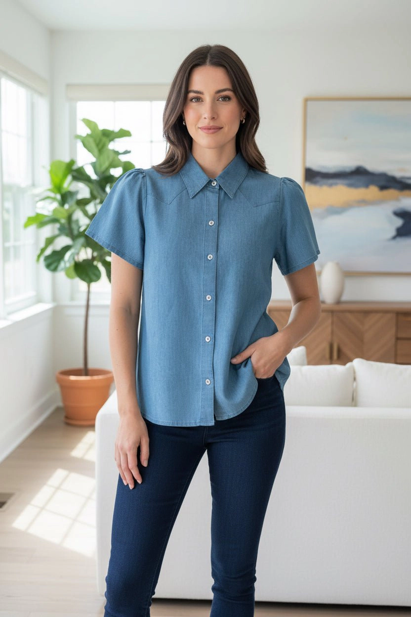 DressAtR Women's Light Blue Denim Half Sleeve Collar Button Up Shirt