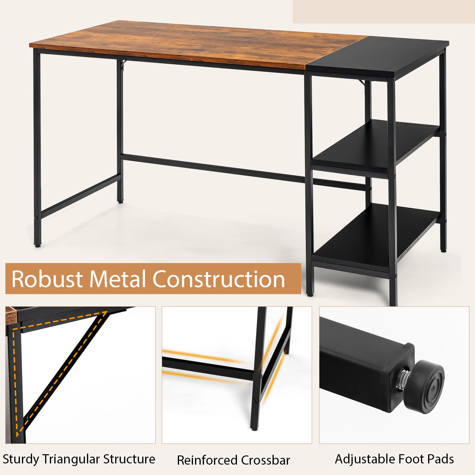 SUGIFT 55-in Modern Industrial Study Writing Desk with 2 Storage Shelves 255-lb Desktop Capacity Rustic Brown Black