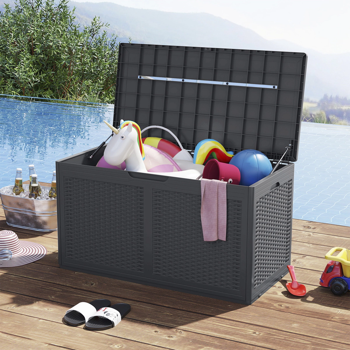 SUGIFT 100-Gallon Resin Deck Storage Box Bench 440-lb Lid Capacity 25-lb Net Weight Brown Black Gray