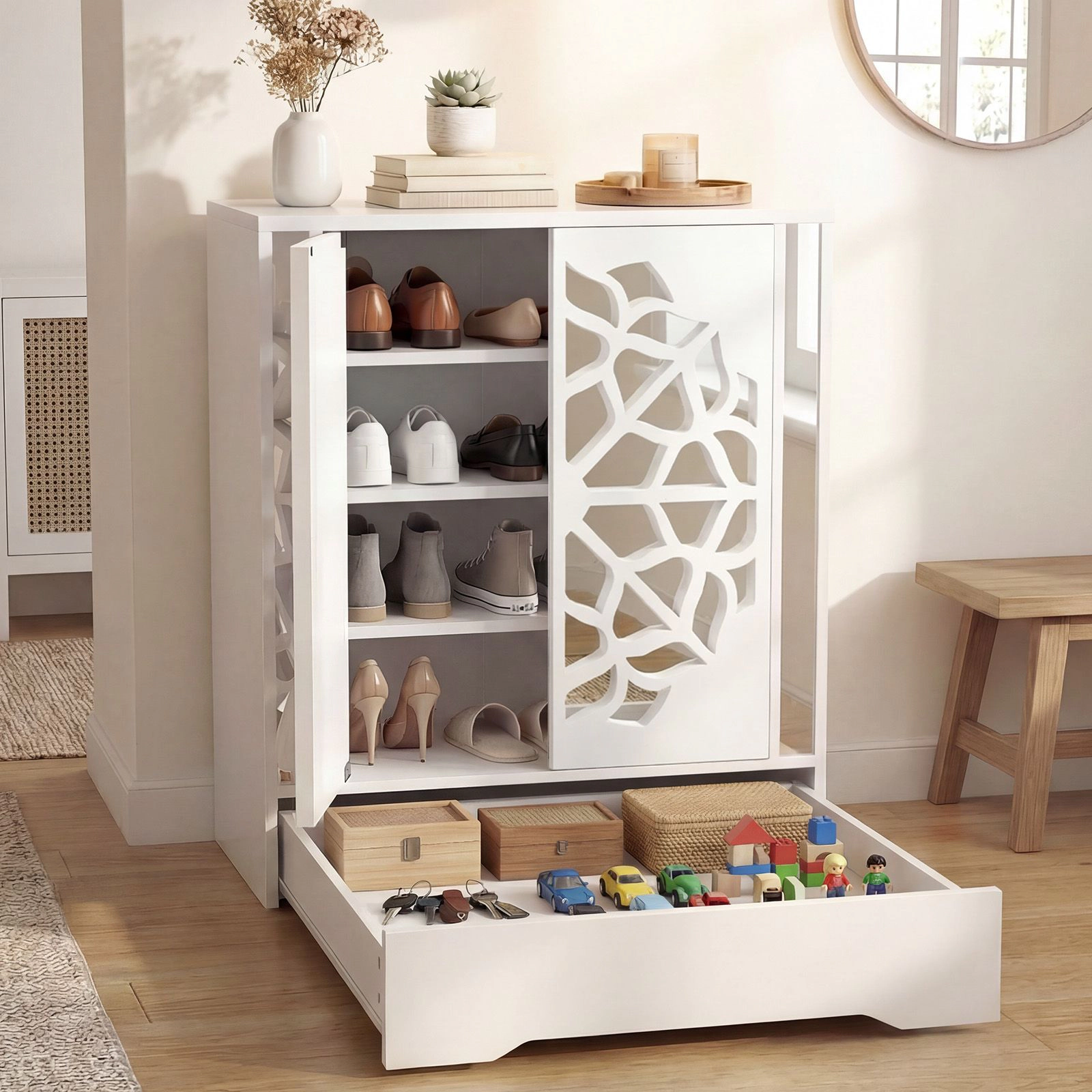 SlickBlue Shoe Storage Cabinet with 2 Mirrored Doors and 4-Tier Shelves