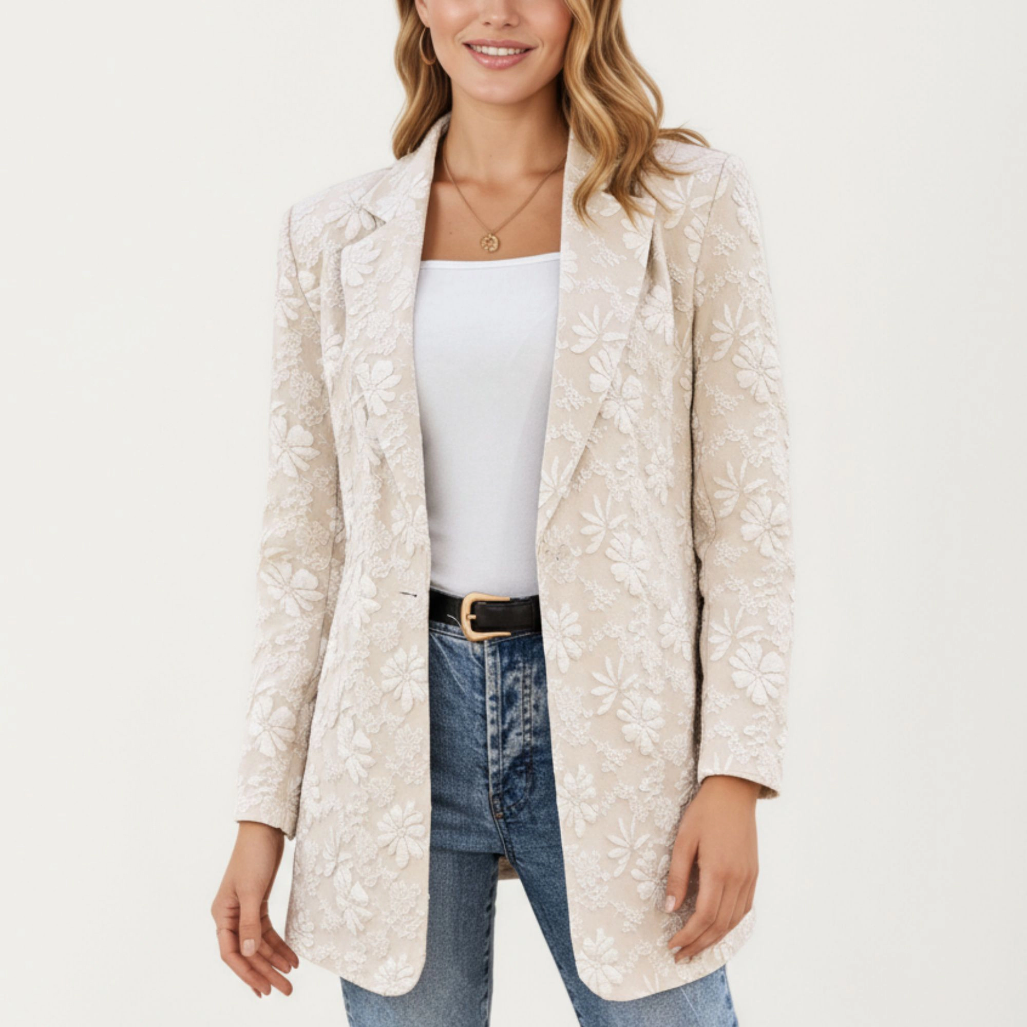 Anna-Kaci Women's Floral Textured Longline Blazer with Notched Lapel and Open Front
