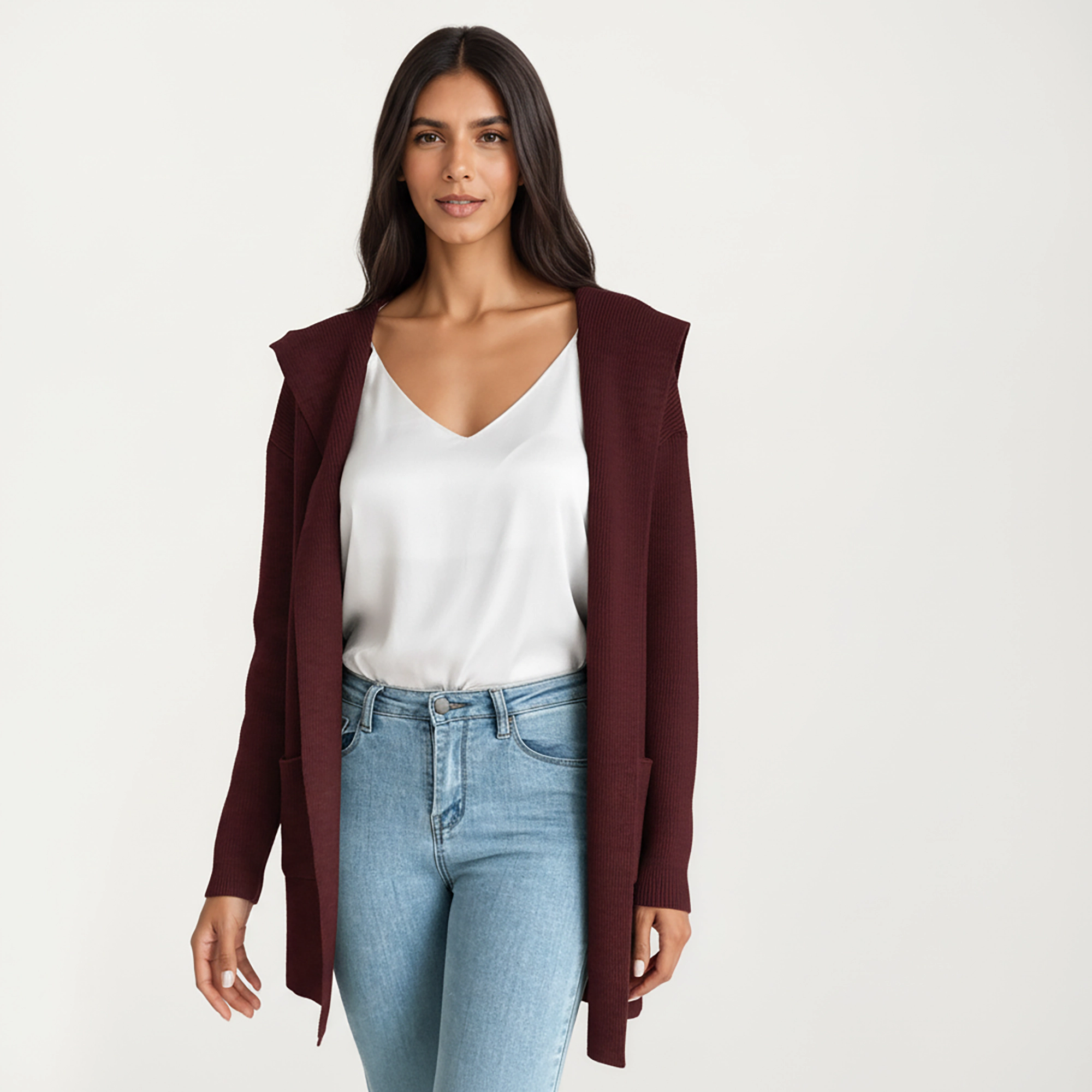 Anna-Kaci Women's Long Sleeve Knit Cardigan with Open Front Design, Relaxed Hood Detail and Soft Textured Fabric