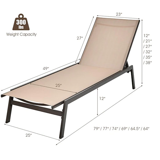 Hivvago Outdoor Reclining Chaise Lounge Chair With 6-Position Adjustable Back