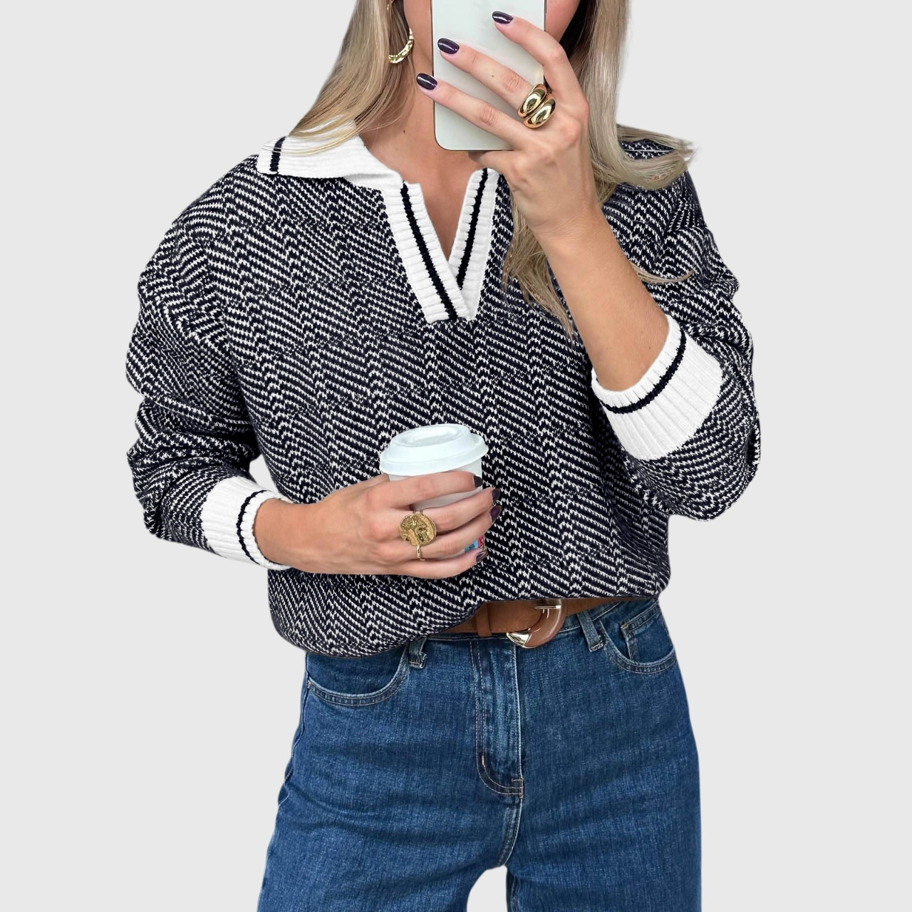 YesFashion Women's Fall Checkered Sweaters Lapel V Neck Knit Color Block Cozy Pullovers