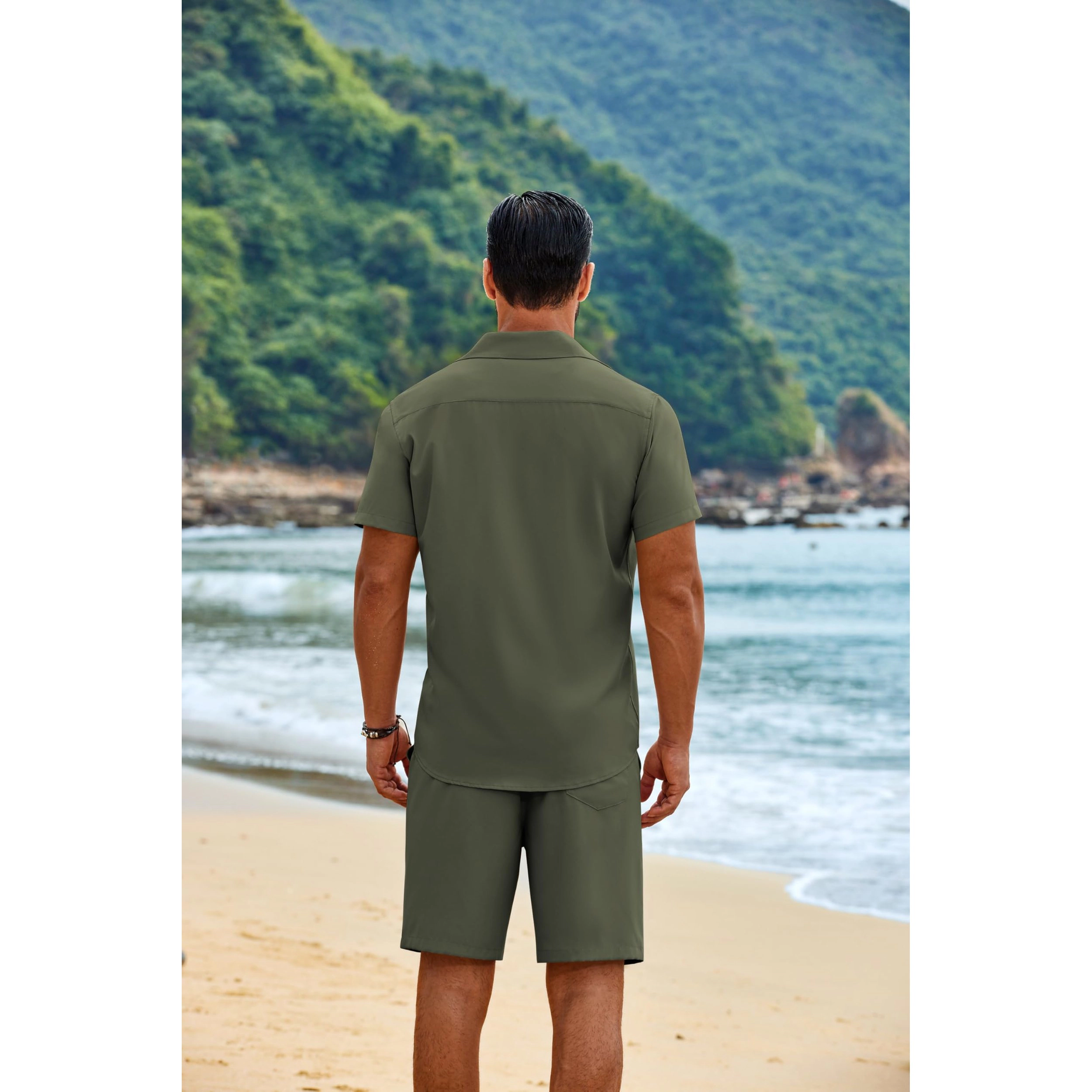 COOFANDY Mens Short Sleeve Button Down Shirts  Casual Pintuck Tops Shorts Set