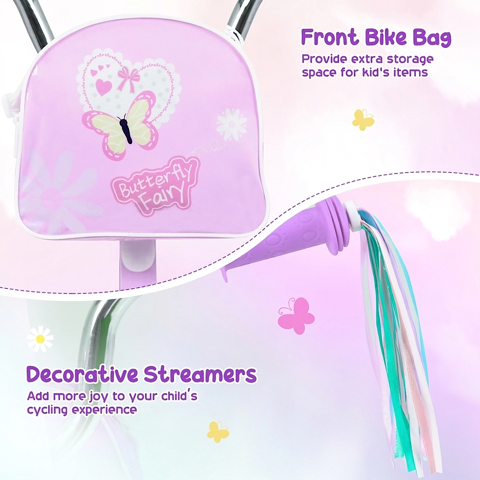 SUGIFT Purple Training Wheels Front Bag and Streamers Girls Bike