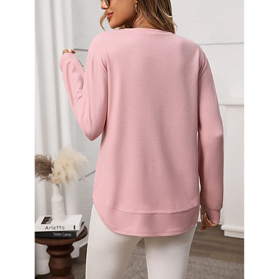 Enchanted Funland Womens Crew Neck Waffle Knit Long Sleeve Curved Hem Tunic Tops