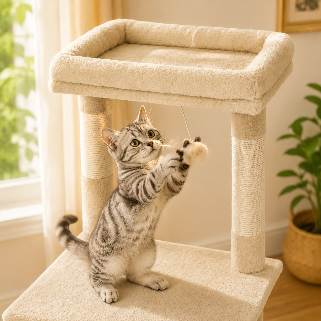 SUGIFT Beige Swaying Aerial Condo Skylight and Plush Perch Bed 58 in Cat Tree