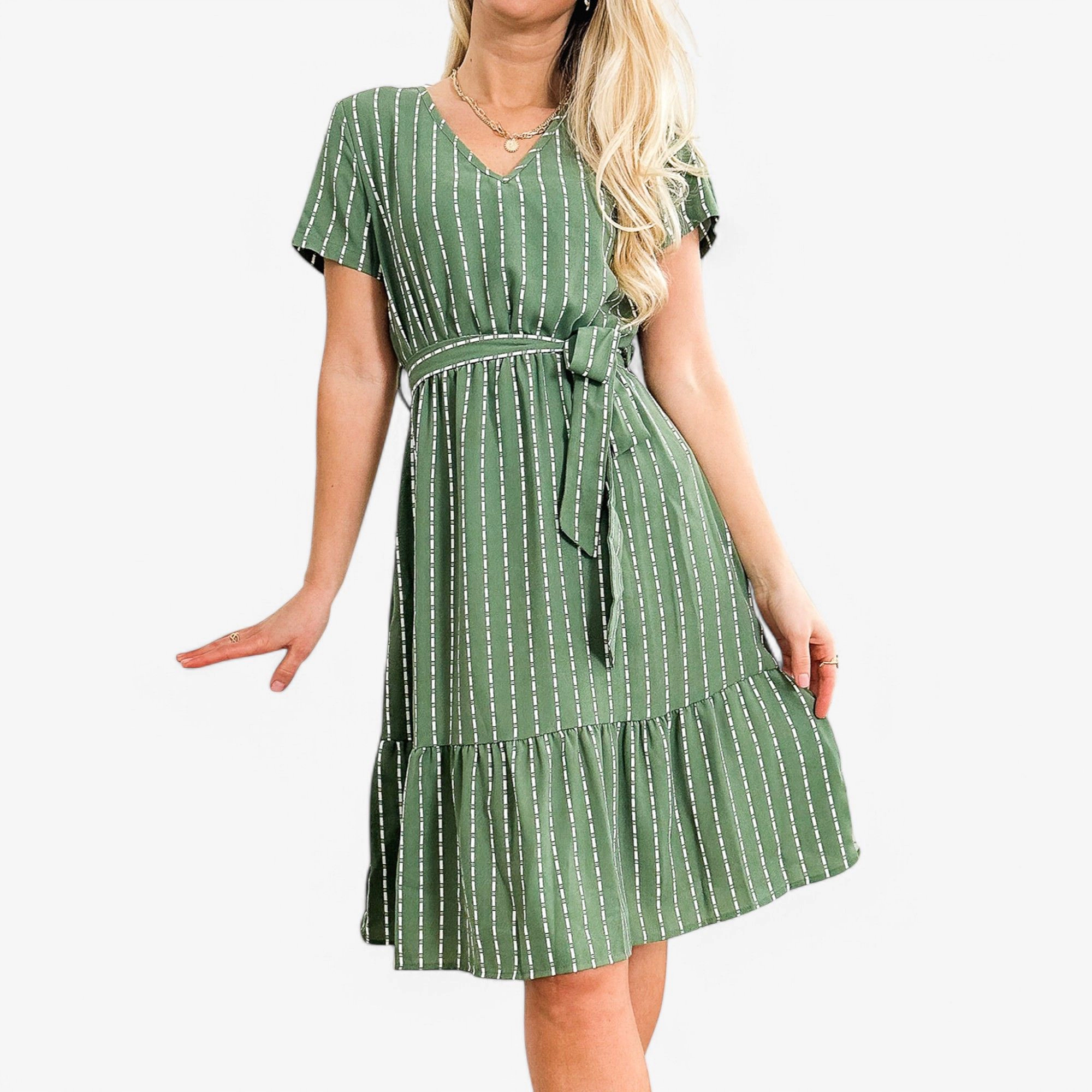 Anna-Kaci Women's V Neck Short Sleeve Tiered Waist Tie Midi Dress