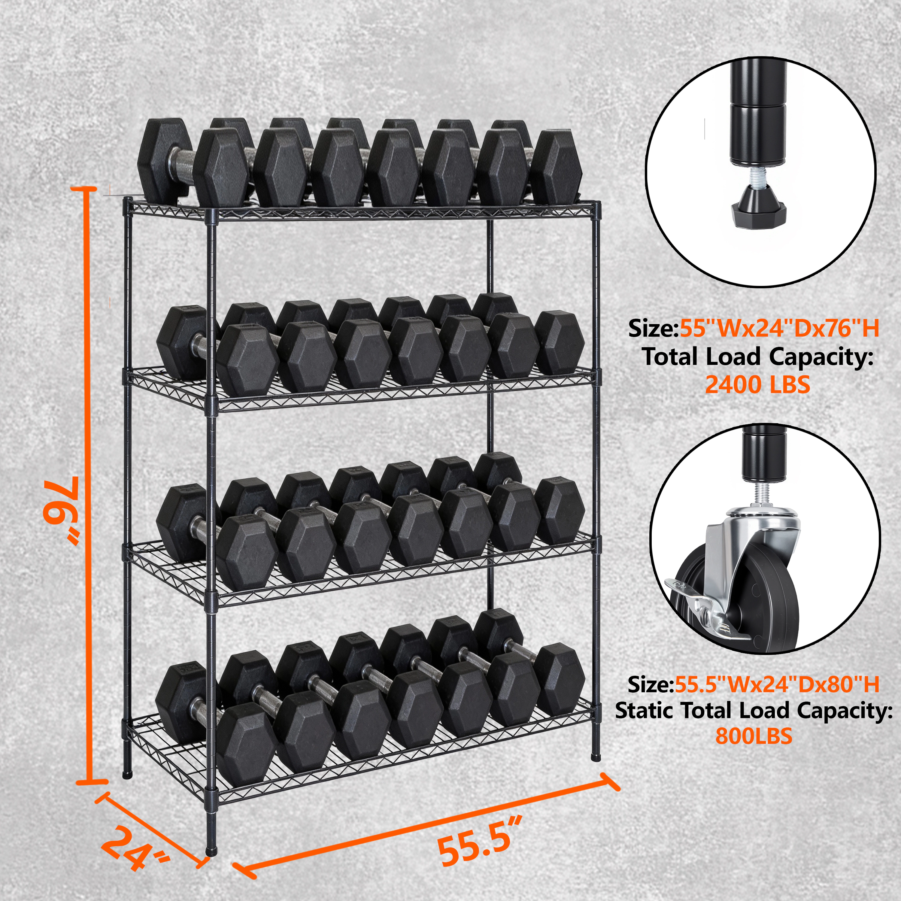 Flynama 4 Tier Wire Shelving 2400 lbs with Wheels Adjustable Rolling Heavy Duty Garage Storage Rack in Black