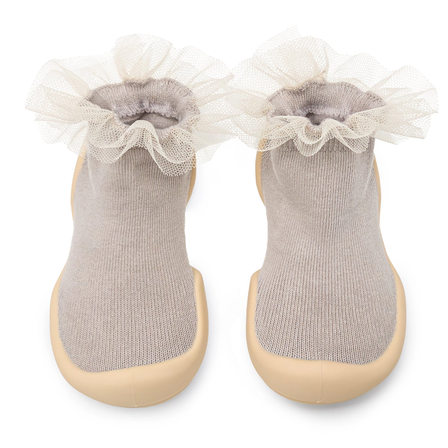 Komuello Toddler Girl First Walk Sock Shoes Lace Trim - Tull Beige