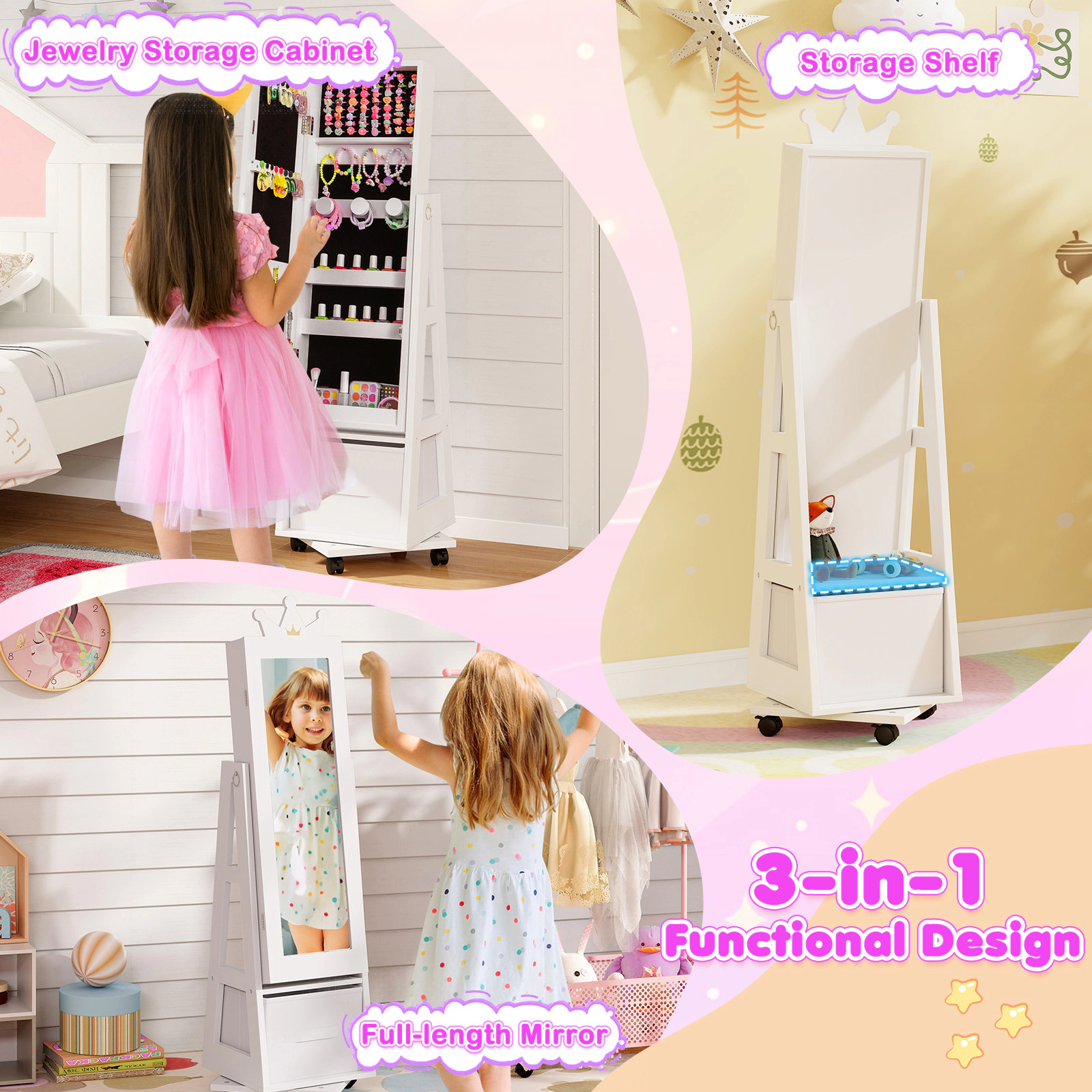SUGIFT Kids Jewelry Armoire Cabinet with Full-Length Mirror Swivel Base and Lockable Wheels for Bedroom