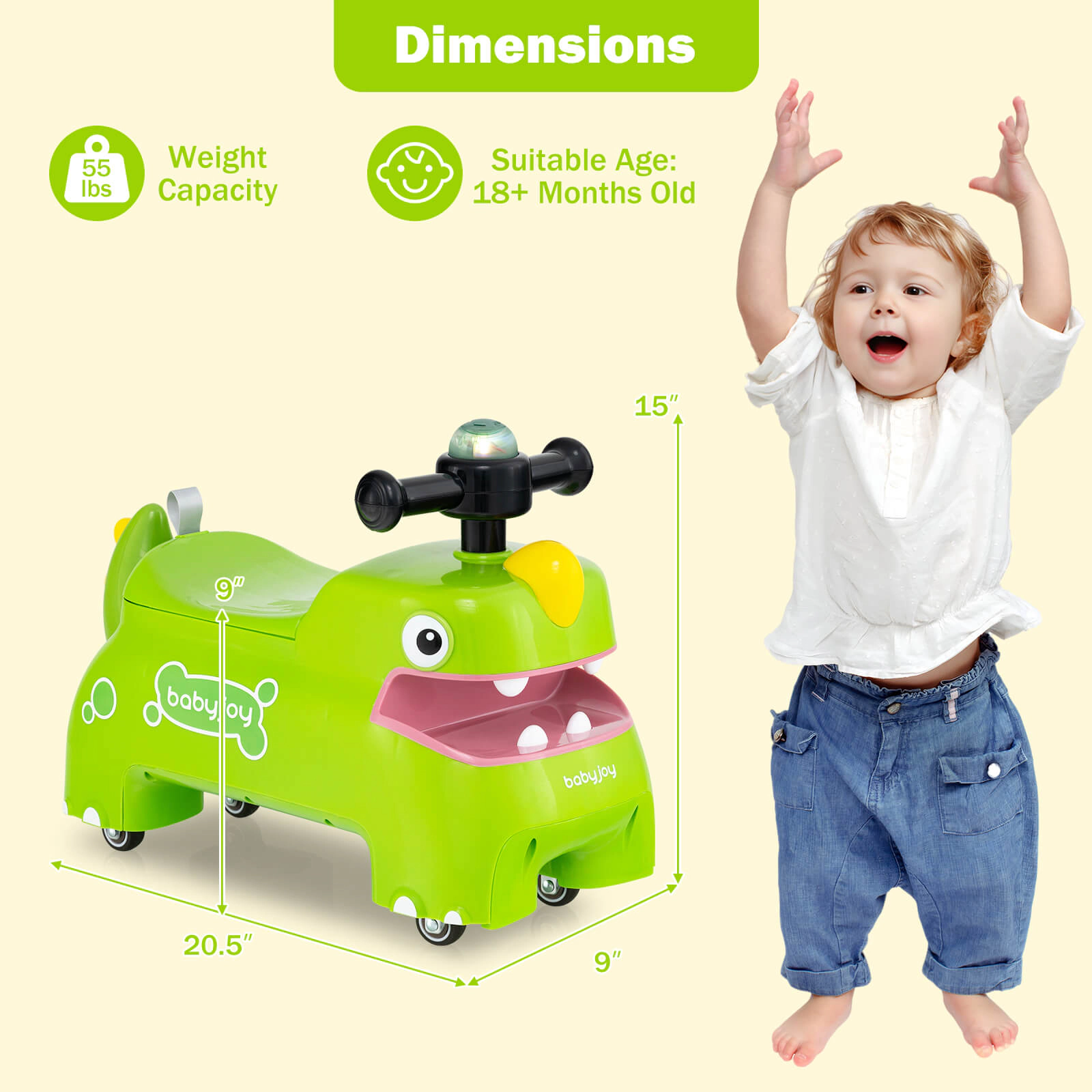 Costway Ride on Toy Baby Dinosaur Sliding Car with 4 Universal Casters Under-Seat Storage Yellow