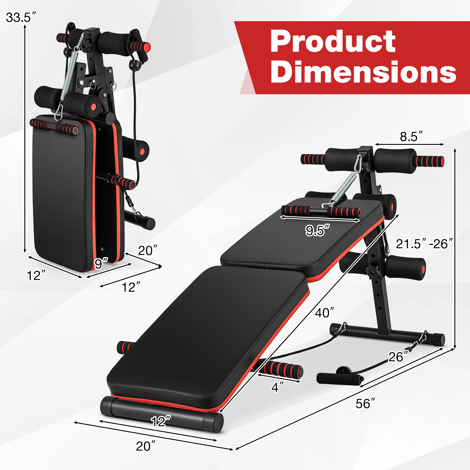 SUGIFT Red and Black 330-lb Capacity 4-Position Adjustable Foldable Sit Up Workout Bench with Padded Support