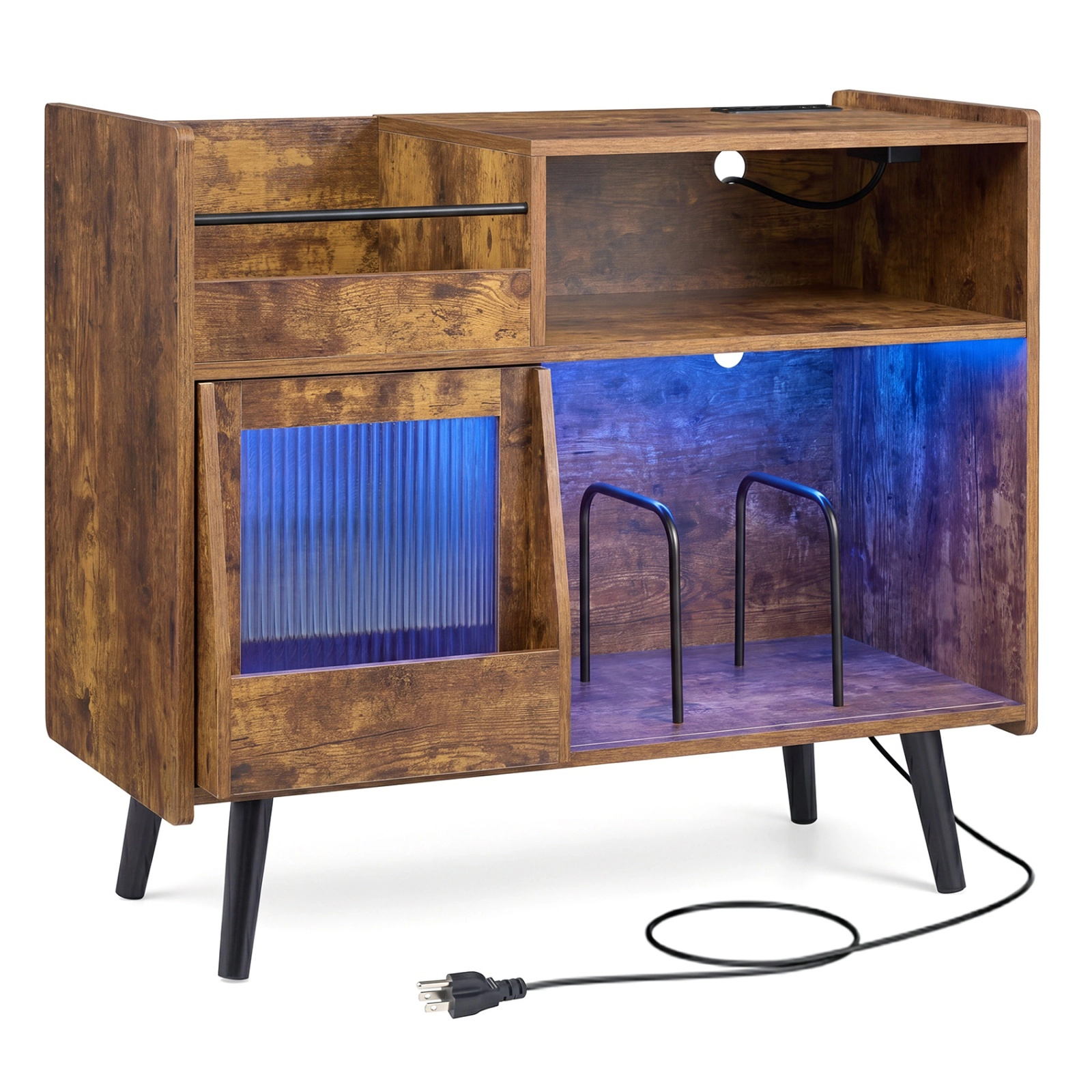 SUGIFT 34-Inch Record Player Stand with LED Lights, Sliding Glass Door, and Vinyl Storage Cabinet