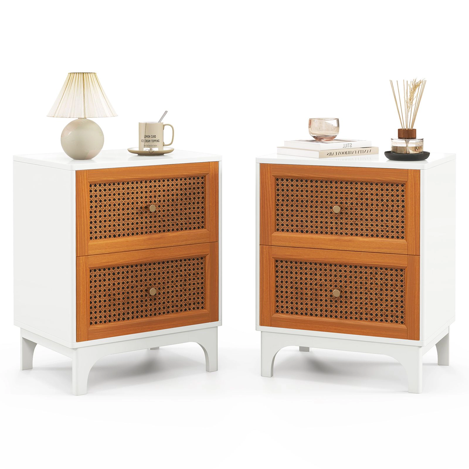 SlickBlue 2-Drawer Boho Rattan Nightstand Bedside Table