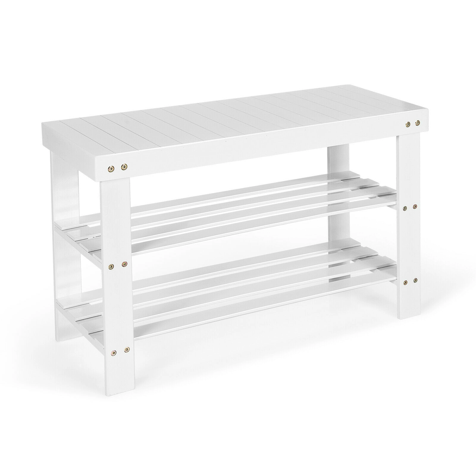 SUGIFT 3-Tier Bamboo Shoe Bench with Storage Shelves 27.5-in Wide 220-lb Capacity Holds Up to 6 Pairs White