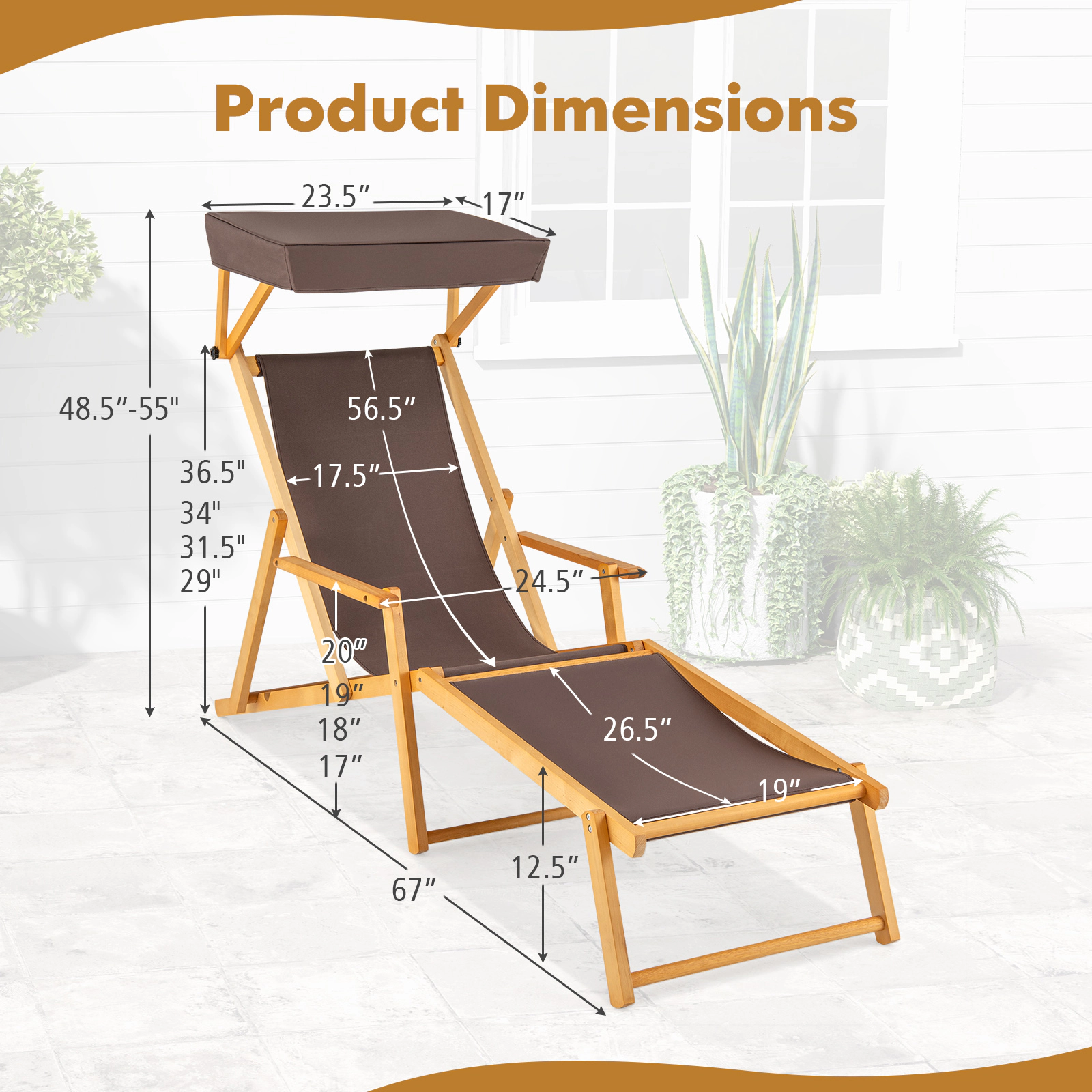 SUGIFT Foldable Birch Wood Chaise Lounge Beach Chair Adjustable Canopy 220-lb Capacity Brown+Natural with Replacements