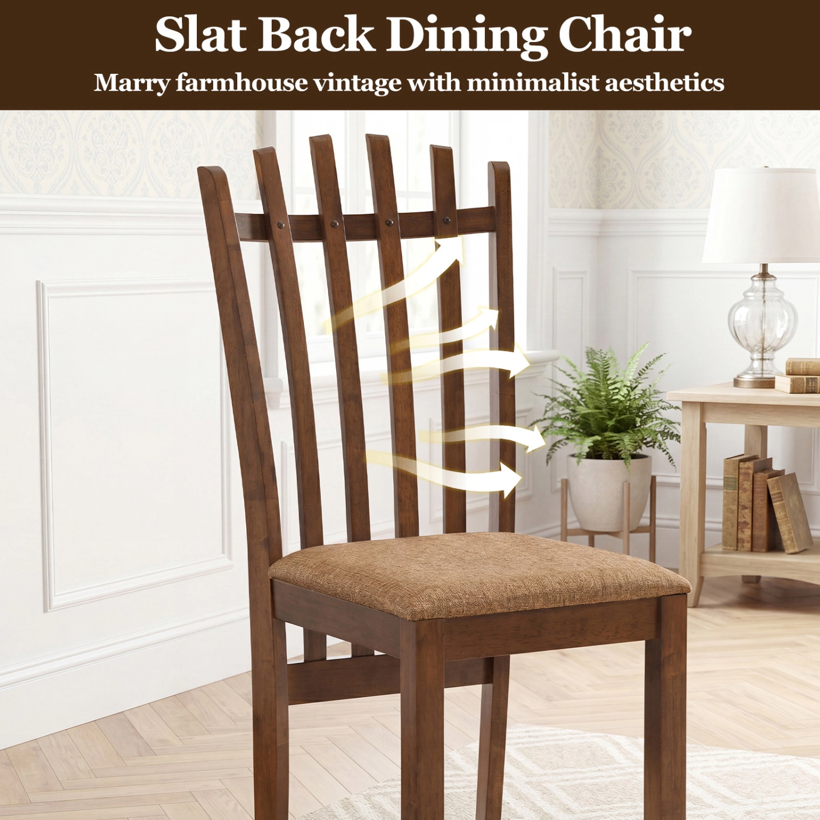 SUGIFT Set of 4 Walnut Rubber Wood Slat Back Dining Chairs