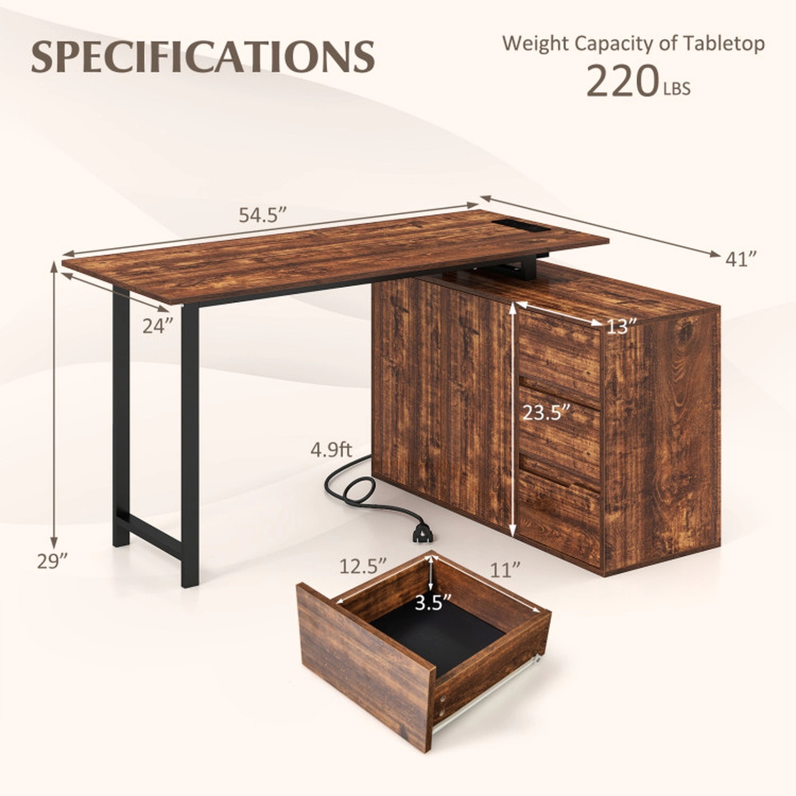 SUGIFT 220-lb Capacity Rustic Brown Reversible L-Shaped Desk with File Cabinet 3 Drawers and Power Outlet