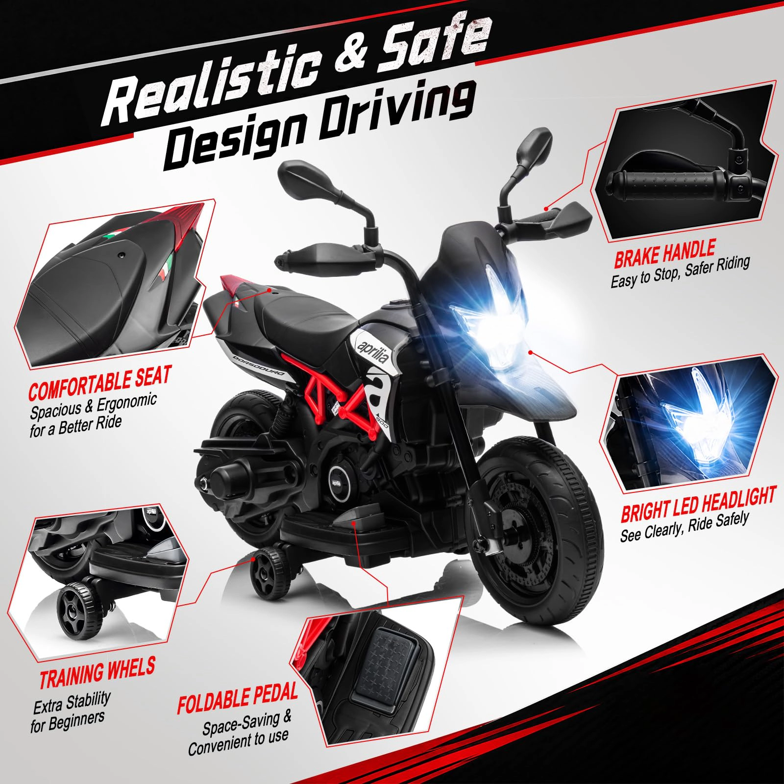 6V Kids Electric Motorcycle with Training Wheels, Dirt Bike Style Ride On Toy Headlight, Music & USB Port