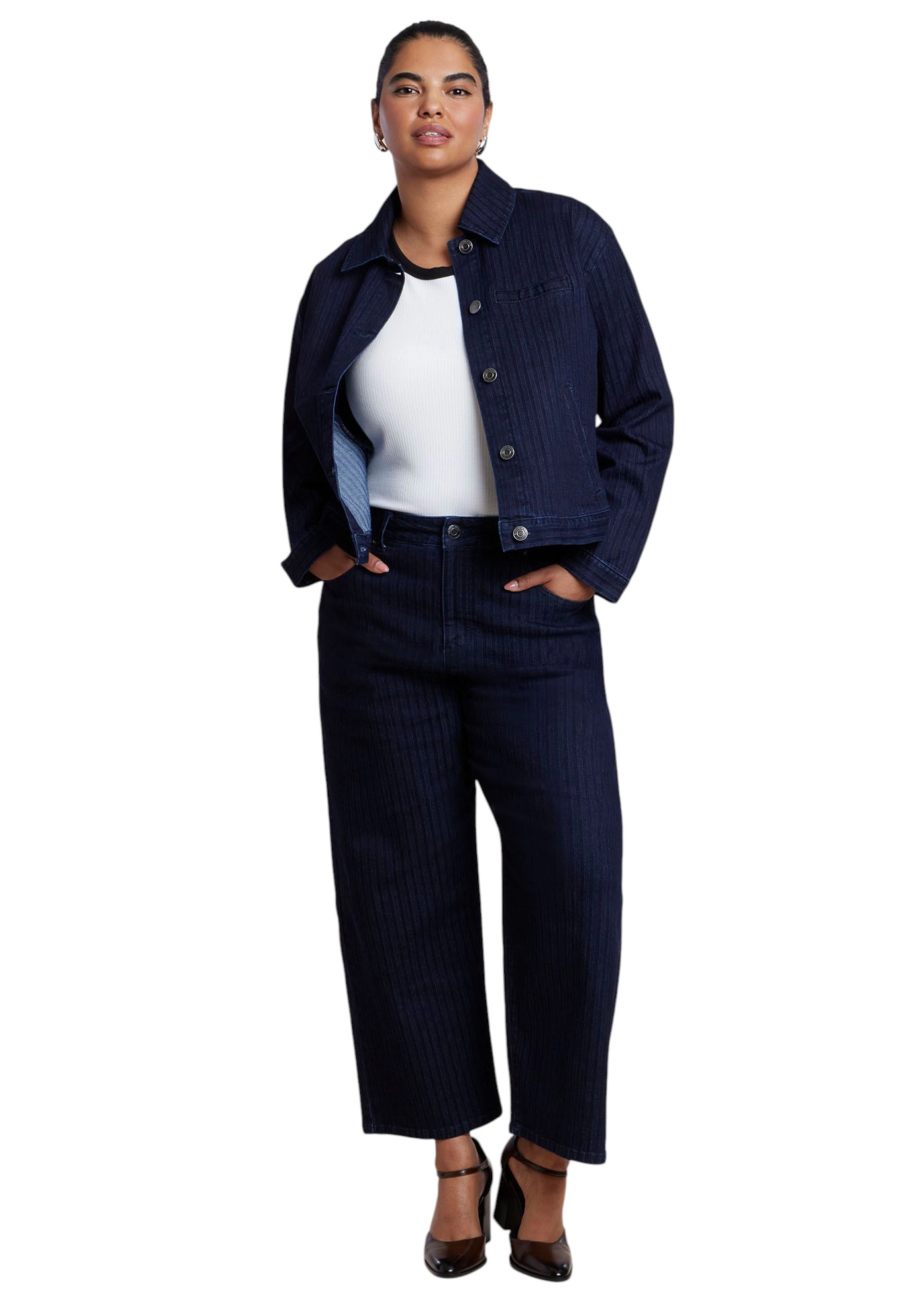 ELOQUII Women's Plus Striped Straight-Leg Ankle Jean