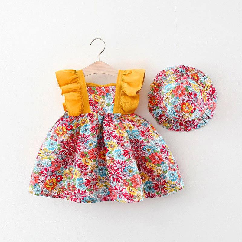 MyKids-USA Baby Girl Flower Pattern Butterfly Sleeve Design Cute Dress With Hat
